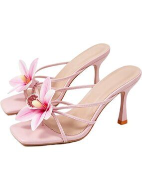 Women's Light Pink Open Toe Floral Kitten Heels Flower Summer Beach Sandals Heel